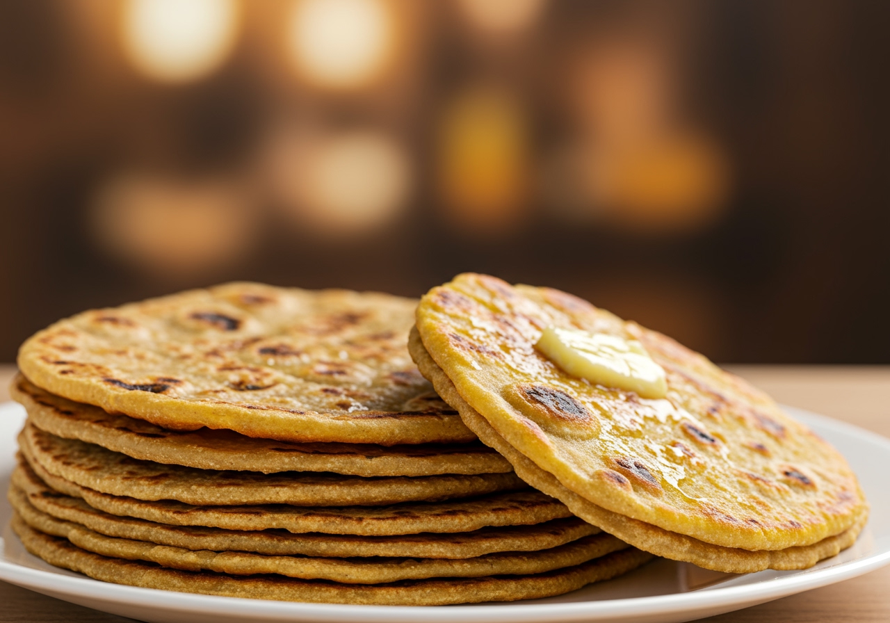 A stack of freshly made Rotis (Indian flatbread) on a plate, some brushed with ghee, with a soft focus background.