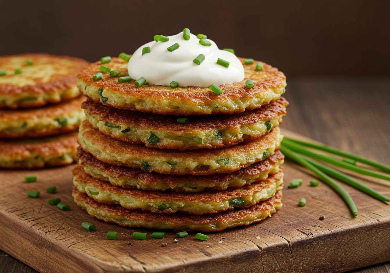 A stack of golden brown, crispy potato pancakes garnished with fresh chives and a dollop of sour cream, on a rustic wooden board, ready to be served.