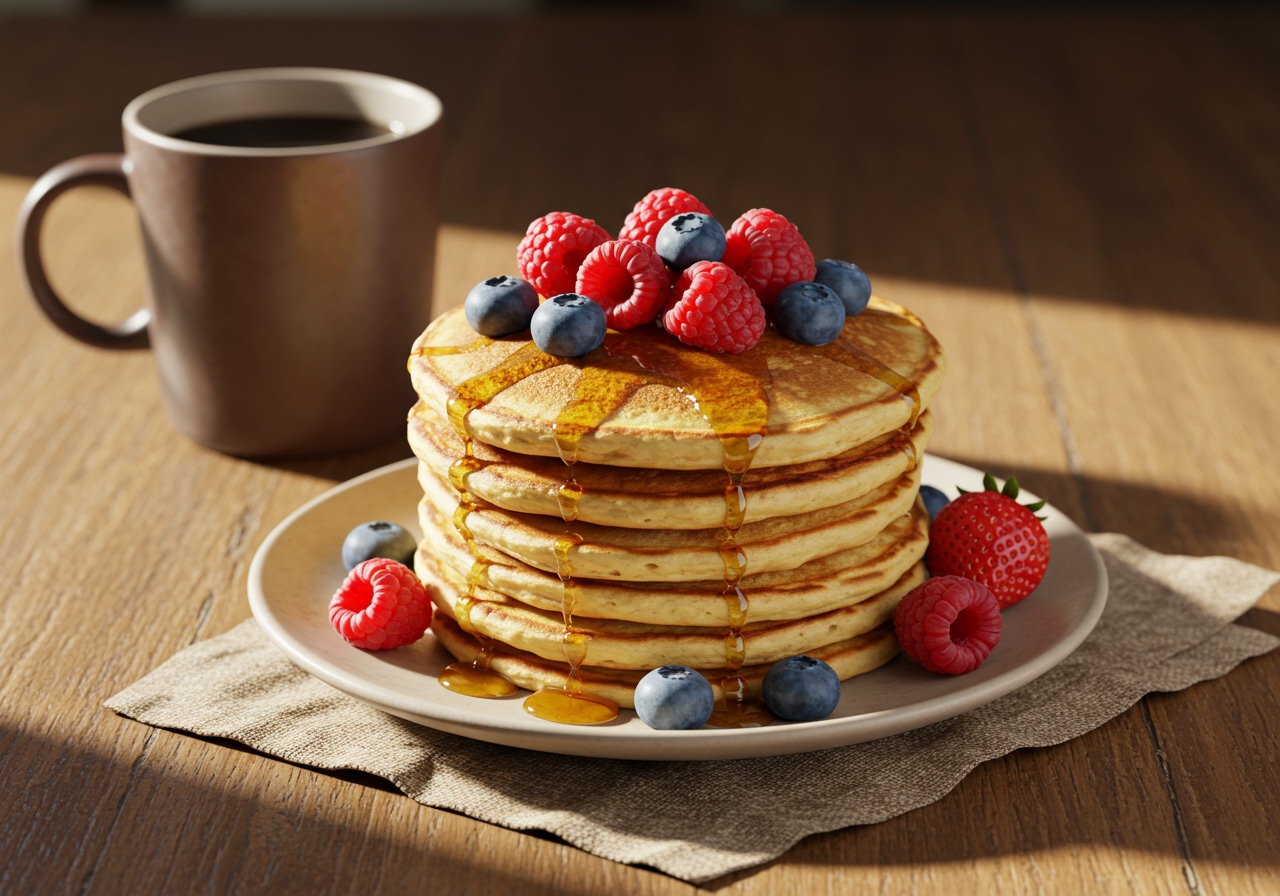 A stack of golden brown, fluffy buttermilk pancakes topped with fresh berries and maple syrup, set on a rustic wooden table with a side of coffee.