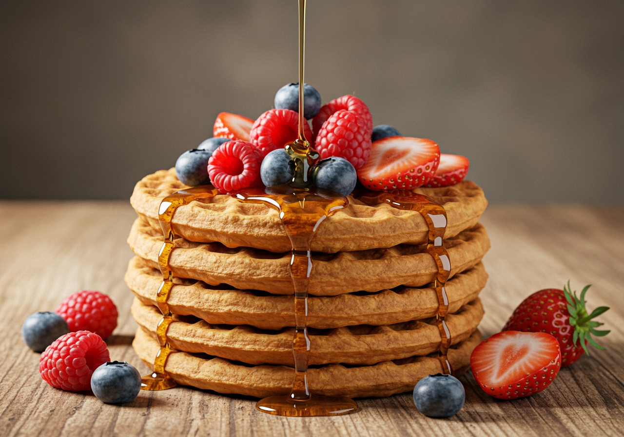 A stack of golden brown, fluffy vegan waffles with fresh berries and maple syrup drizzled on top, set on a rustic wooden table with a soft morning light.