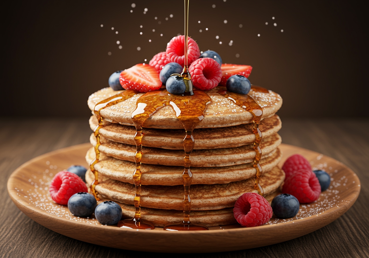 A stack of golden brown whole wheat pancakes, drizzled with maple syrup and topped with fresh berries and a sprinkle of powdered sugar, served on a rustic wooden plate.