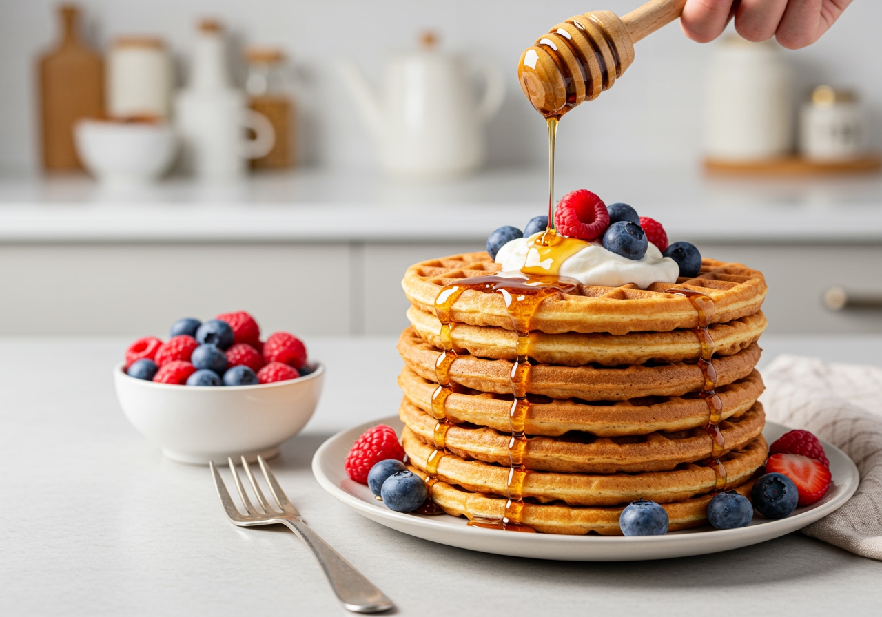 A stack of golden brown yeast waffles on a plate, drizzled with maple syrup and topped with fresh berries and a dollop of whipped cream, in a bright, inviting kitchen setting.