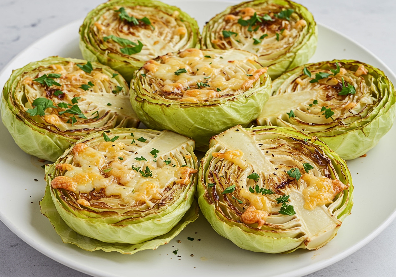 A stack of grilled cabbage steaks on a white plate, some topped with cheese, some with herbs, showcasing variations