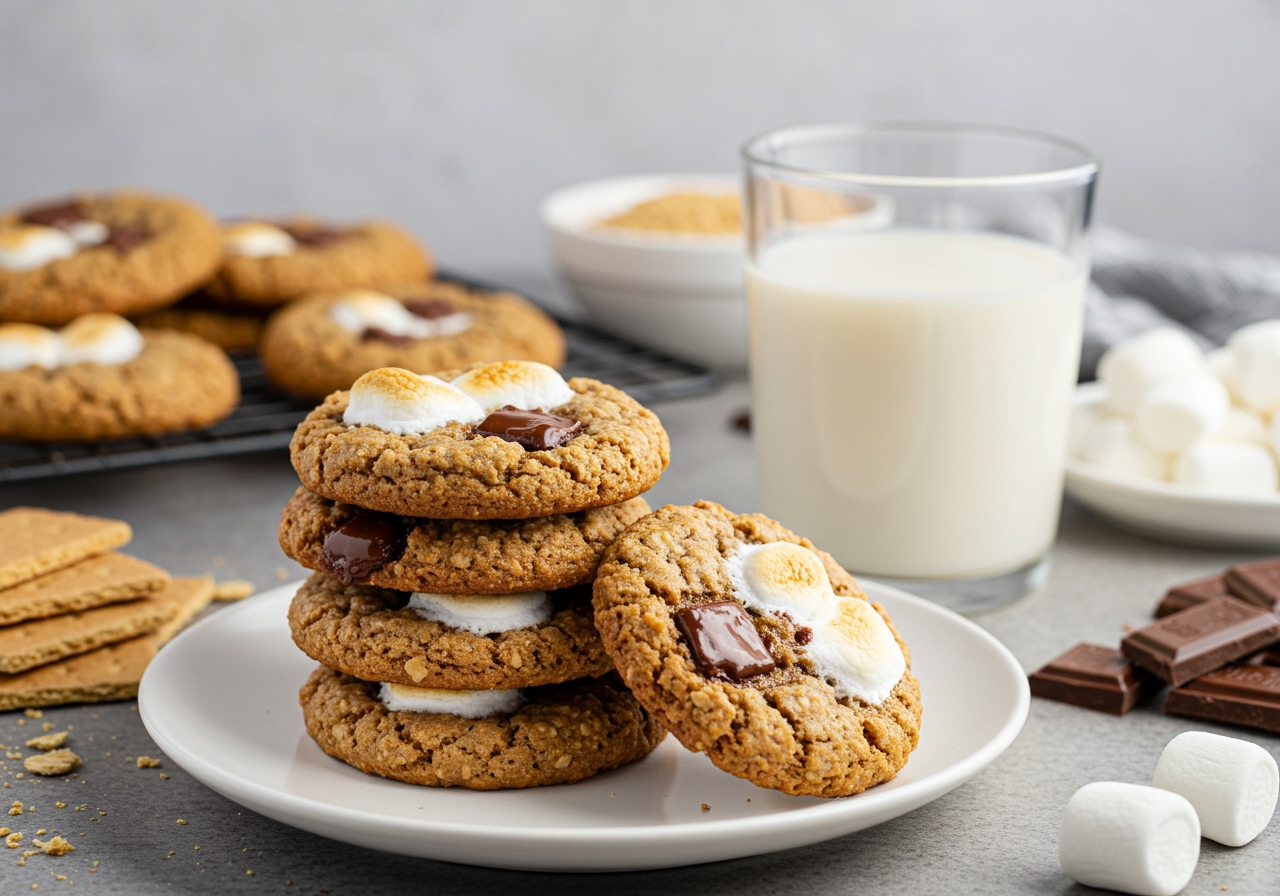 A stack of healthy s'mores cookies with a glass of milk (or plant-based milk) and some ingredients blurred in the background.