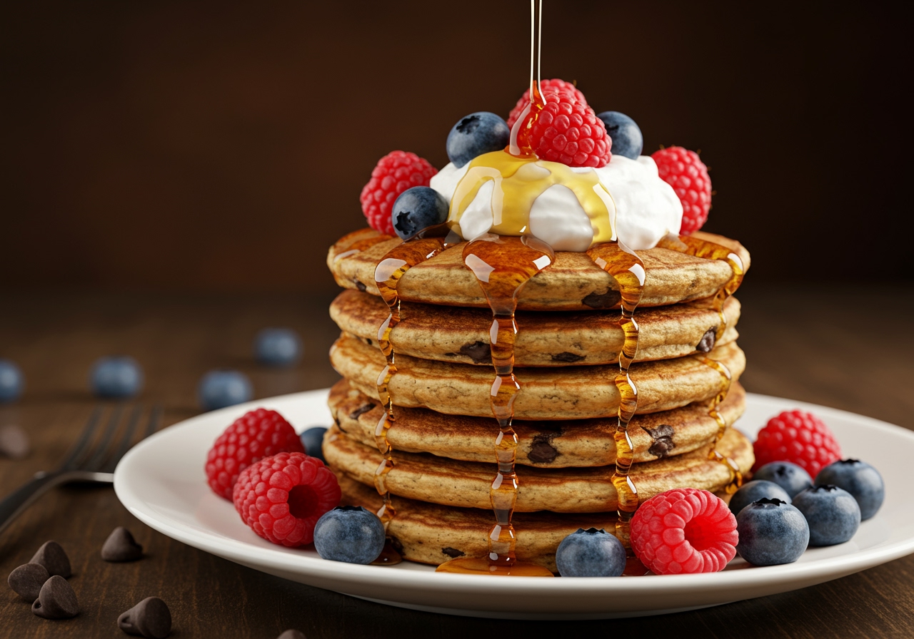 A stack of mini chocolate chip pancakes with various toppings like berries, whipped cream, and maple syrup
