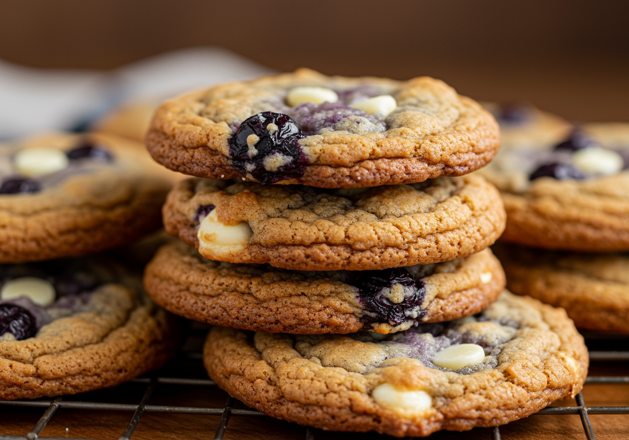 A stack of natural blueberry and white chocolate cookies, showing the texture and thickness, possibly on a cooling rack or a plate.