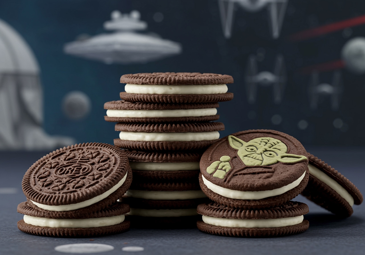A stack of Oreo Star Wars Special Edition cookies showing various detailed character designs, with a blurred Star Wars background.