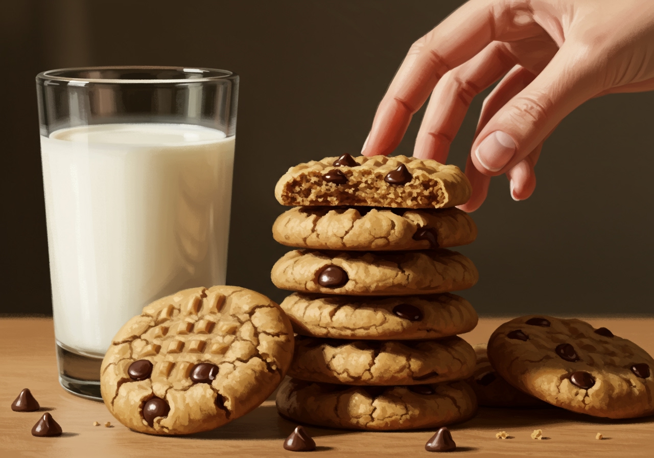 A stack of peanut butter chocolate chip cookies next to a glass of milk, perhaps with a hand reaching for one.