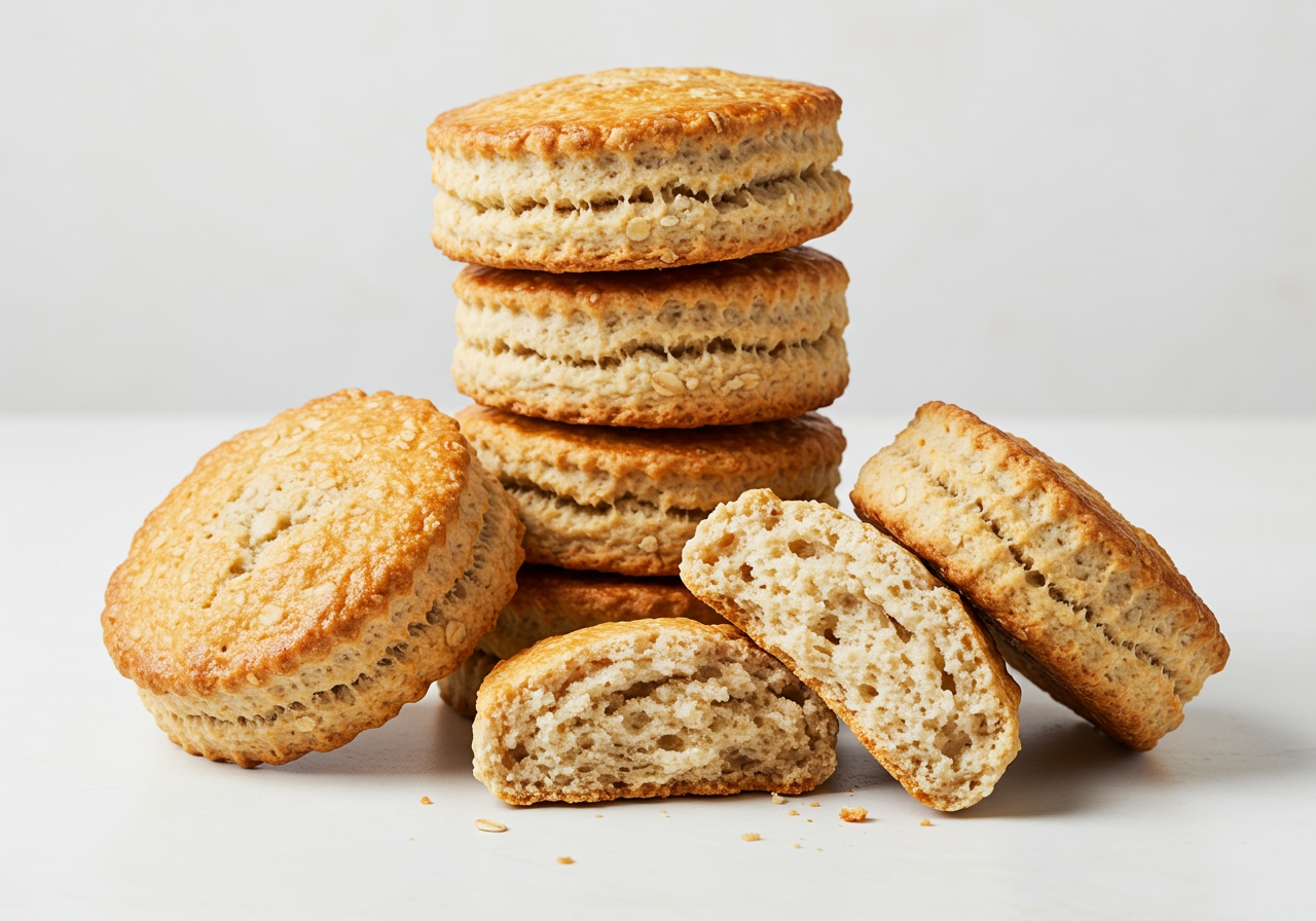 A stack of perfectly baked Scotch oat scones, some split open to reveal their soft interior, on a clean white background. Minimalist and appetizing presentation.