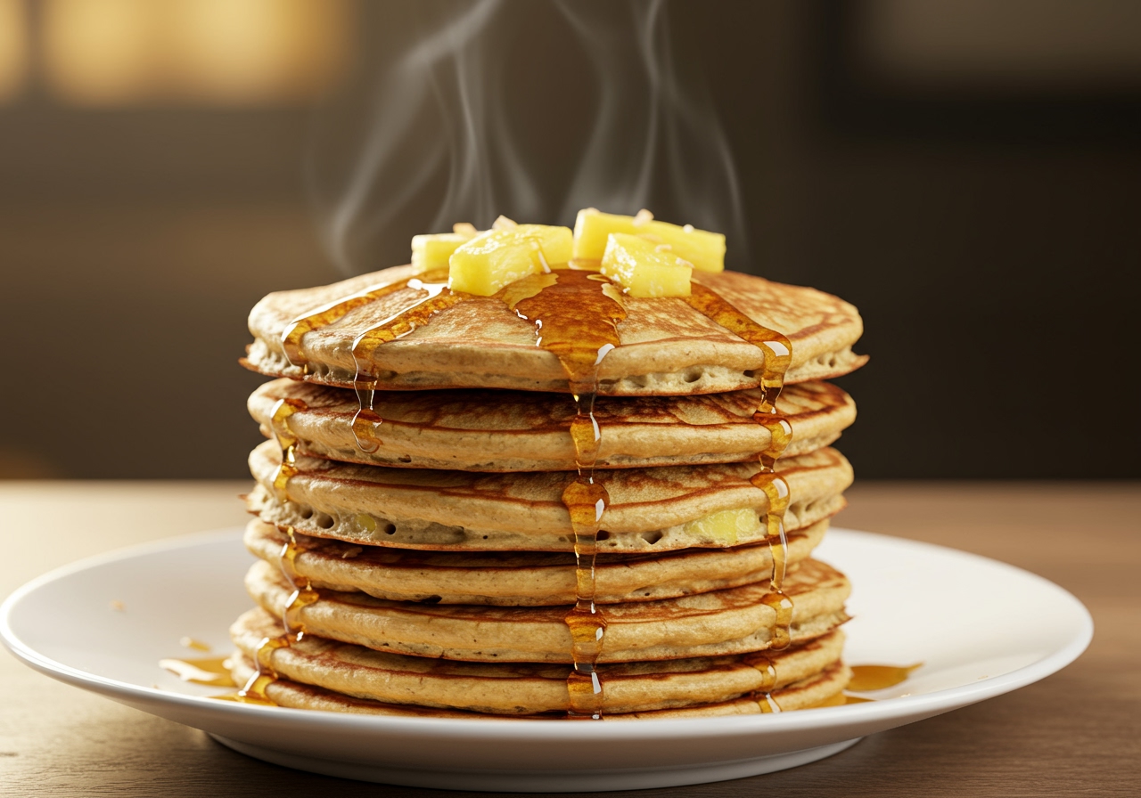 A stack of perfectly cooked golden-brown coconut and pineapple pancakes on a plate, with steam rising.