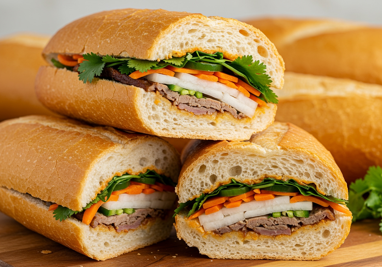 A stack of two or three freshly made Banh Mi sandwiches on a wooden board, showing the cross-section with layers of colorful ingredients.