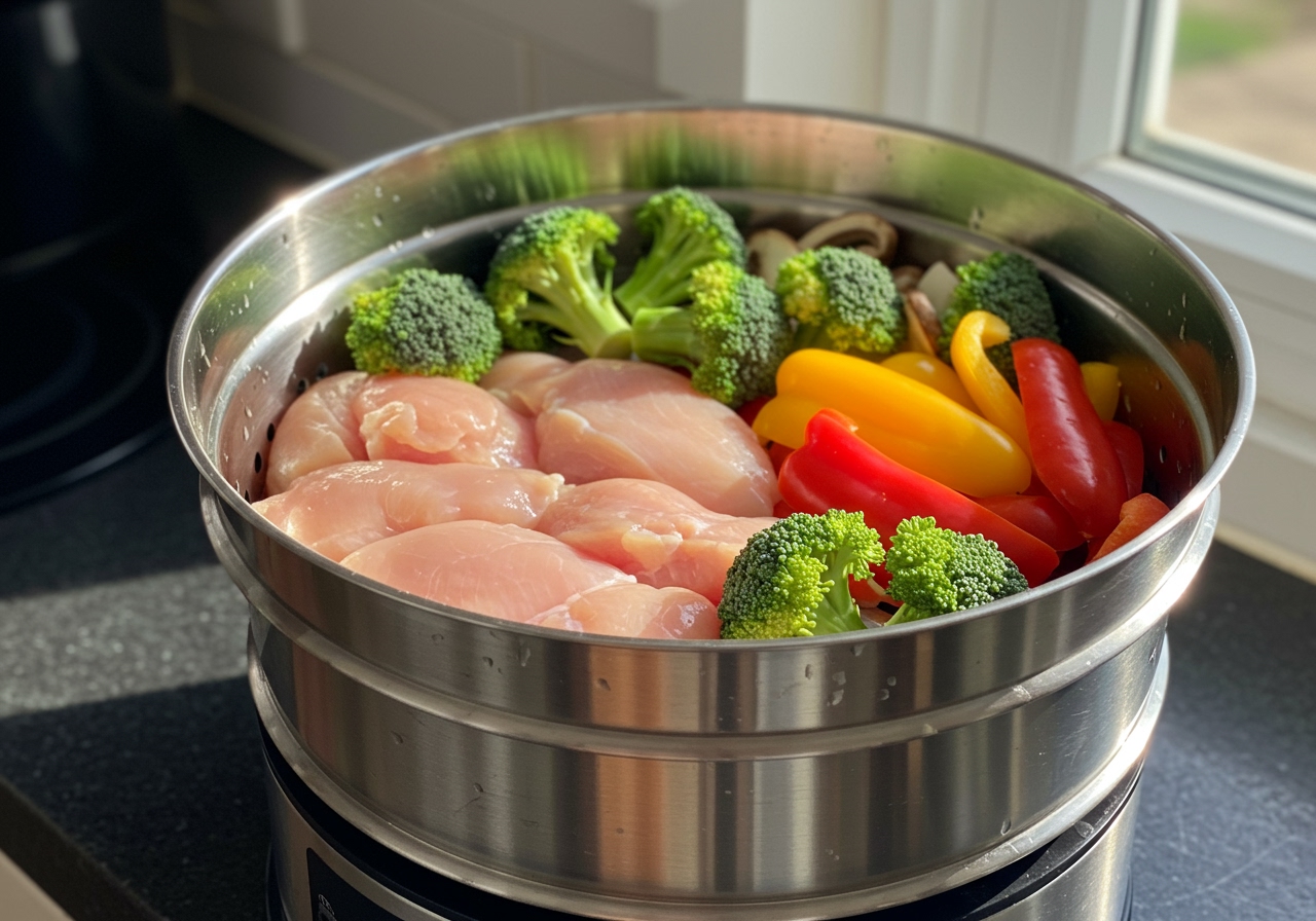 A steam basket filled with sliced chicken breast and colorful vegetables like broccoli, bell peppers, and mushrooms, ready for cooking. The image should look fresh and healthy.