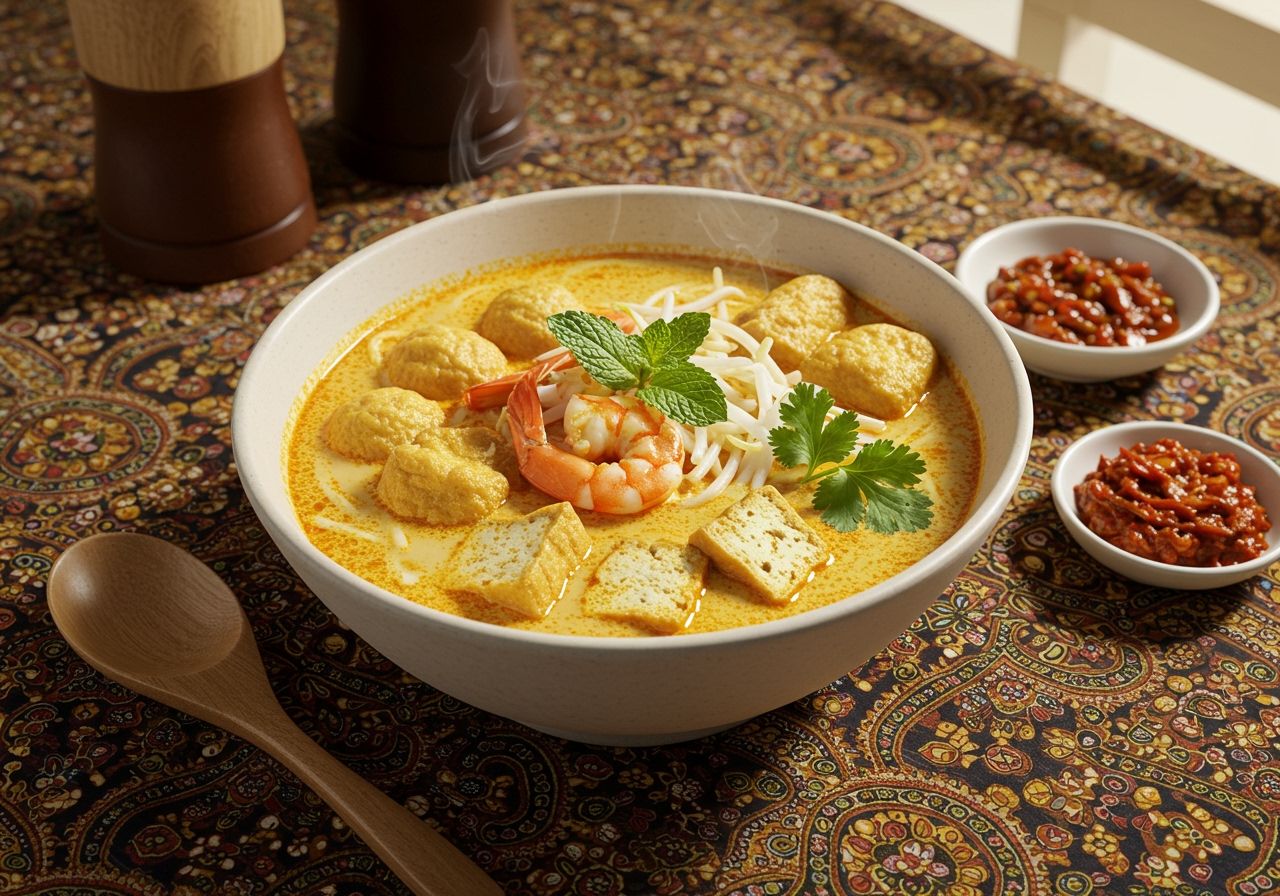A steaming bowl of Curry Laksa on a table with traditional Malaysian batik cloth, showing the rich texture of the soup and various toppings.