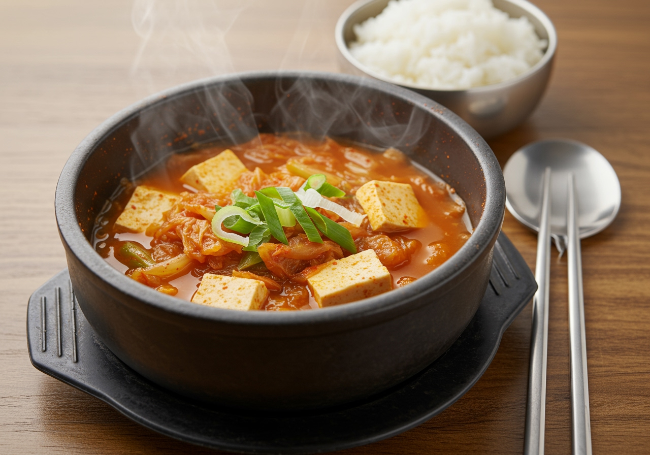 A steaming bowl of finished Kimchi Jjigae served with a scoop of white rice and metal chopsticks on a traditional Korean table setting. The stew is reddish-orange with visible pieces of kimchi, tofu, and green onion.