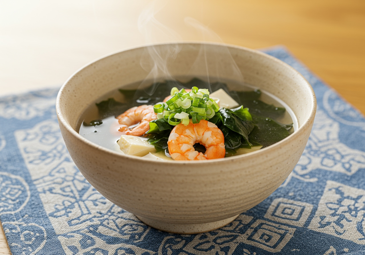 A steaming bowl of 에비とわかめのヘルシー味噌スープ, garnished with green onions, on a traditional Japanese placemat.