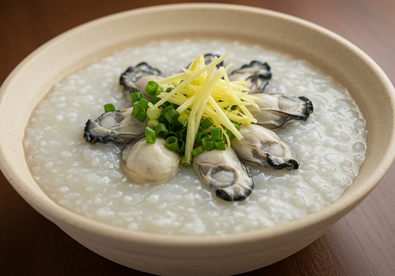 A steaming bowl of oyster congee, garnished with green onions and ginger, with fresh oysters visible