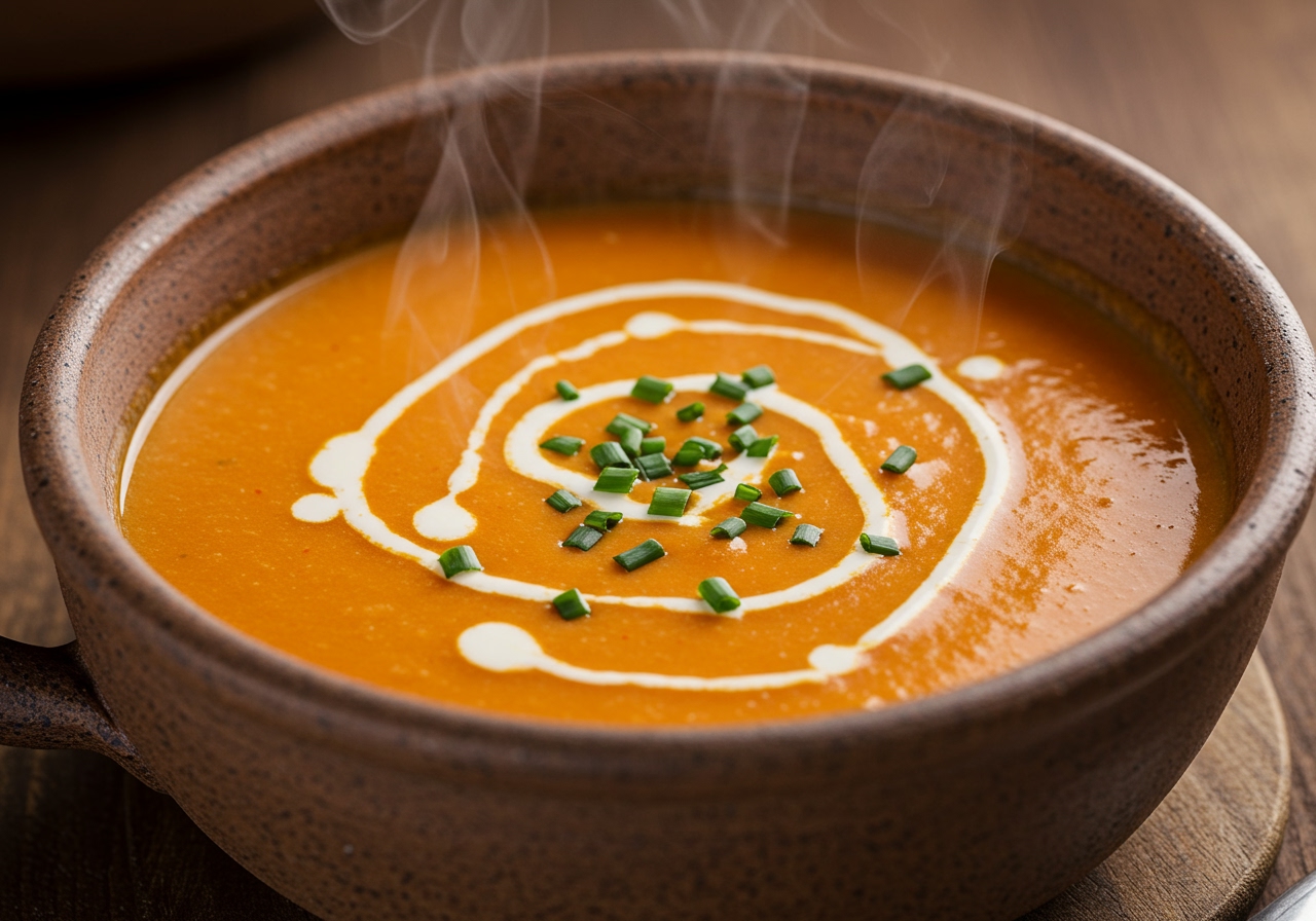 A steaming bowl of quick shrimp bisque soup with a swirl of cream and chopped chives.