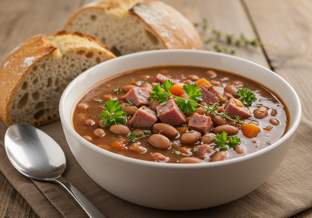 A steaming bowl of thick bean and ham soup, garnished with fresh herbs, with crusty bread on the side.