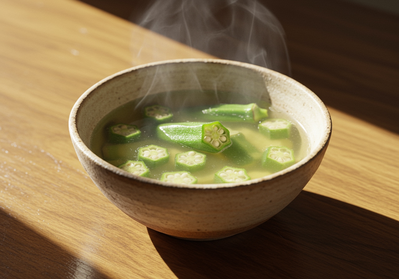 A steaming bowl of traditional Japanese okra soup, with fresh okra slices visible, served in a simple ceramic bowl on a wooden table with a faint sunlight glow.