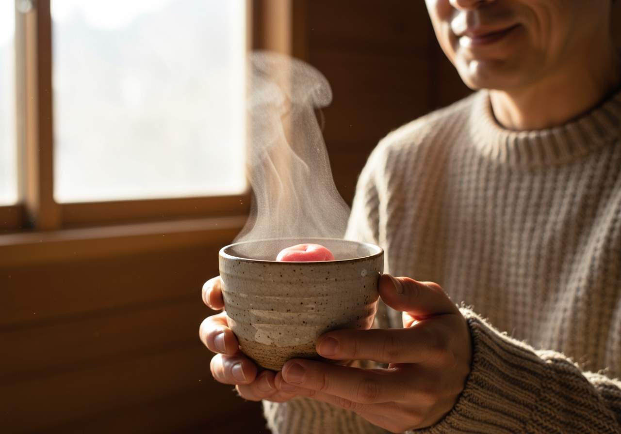 A steaming cup of umeboshi-yu with an umeboshi at the bottom, in a warm, cozy setting
