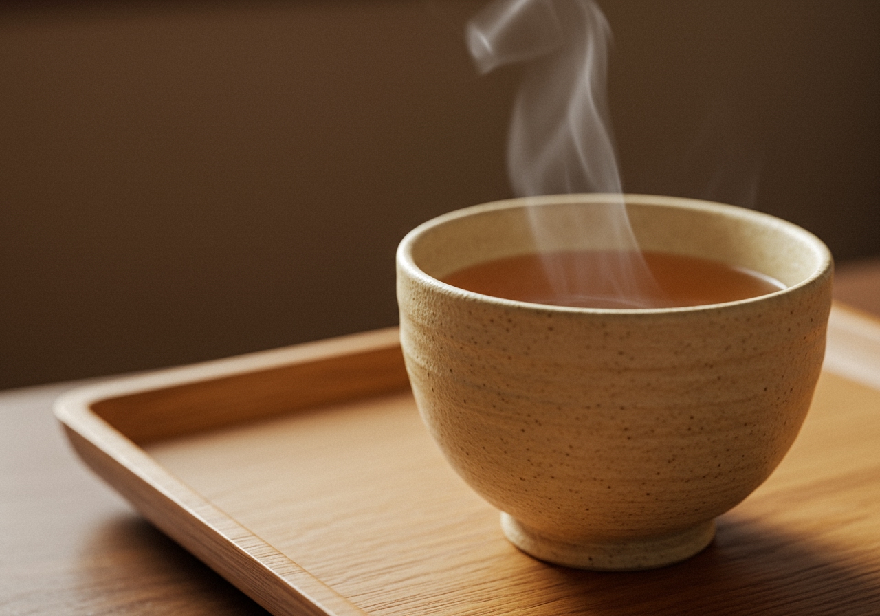 A steaming cup of warm Bancha tea, perhaps on a simple wooden tray.