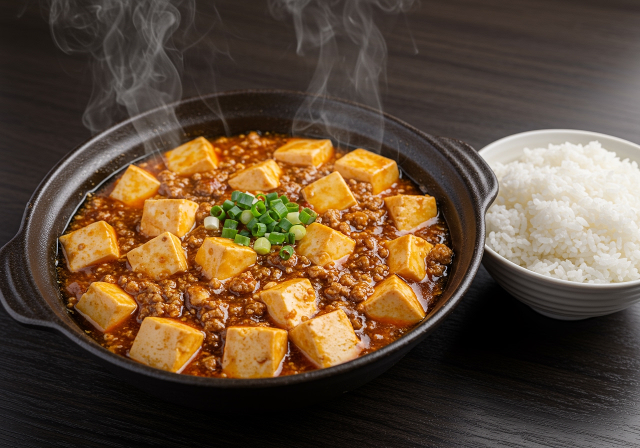 A steaming hot bowl of authentic Mapo Tofu served with a side of fluffy white rice. The Mapo Tofu is reddish-brown with visible minced meat, diced tofu, and green onion.