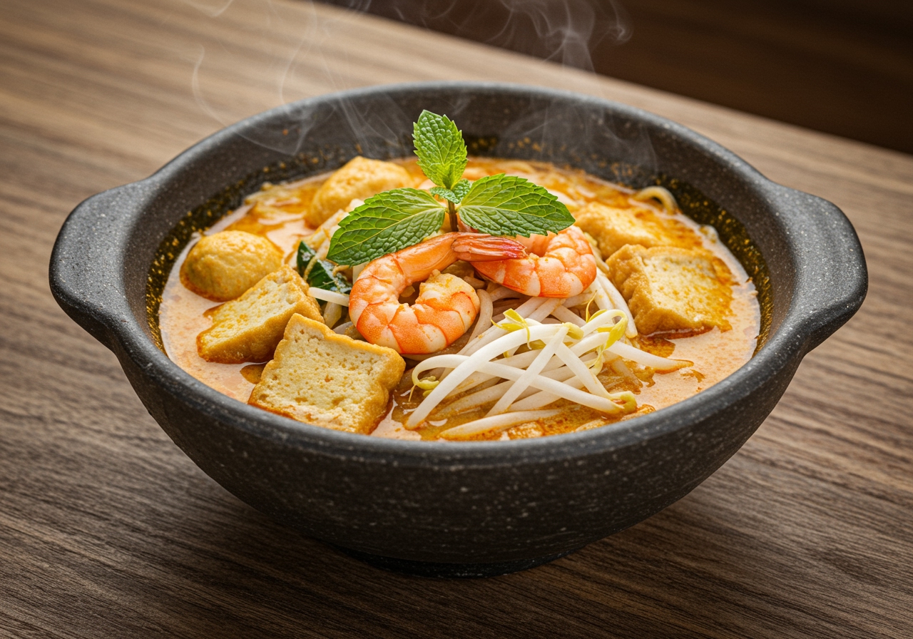 A steaming hot bowl of Malaysian Curry Laksa, rich orange-red broth, thick noodles, topped with shrimp, tofu puffs, bean sprouts, and a sprig of mint.