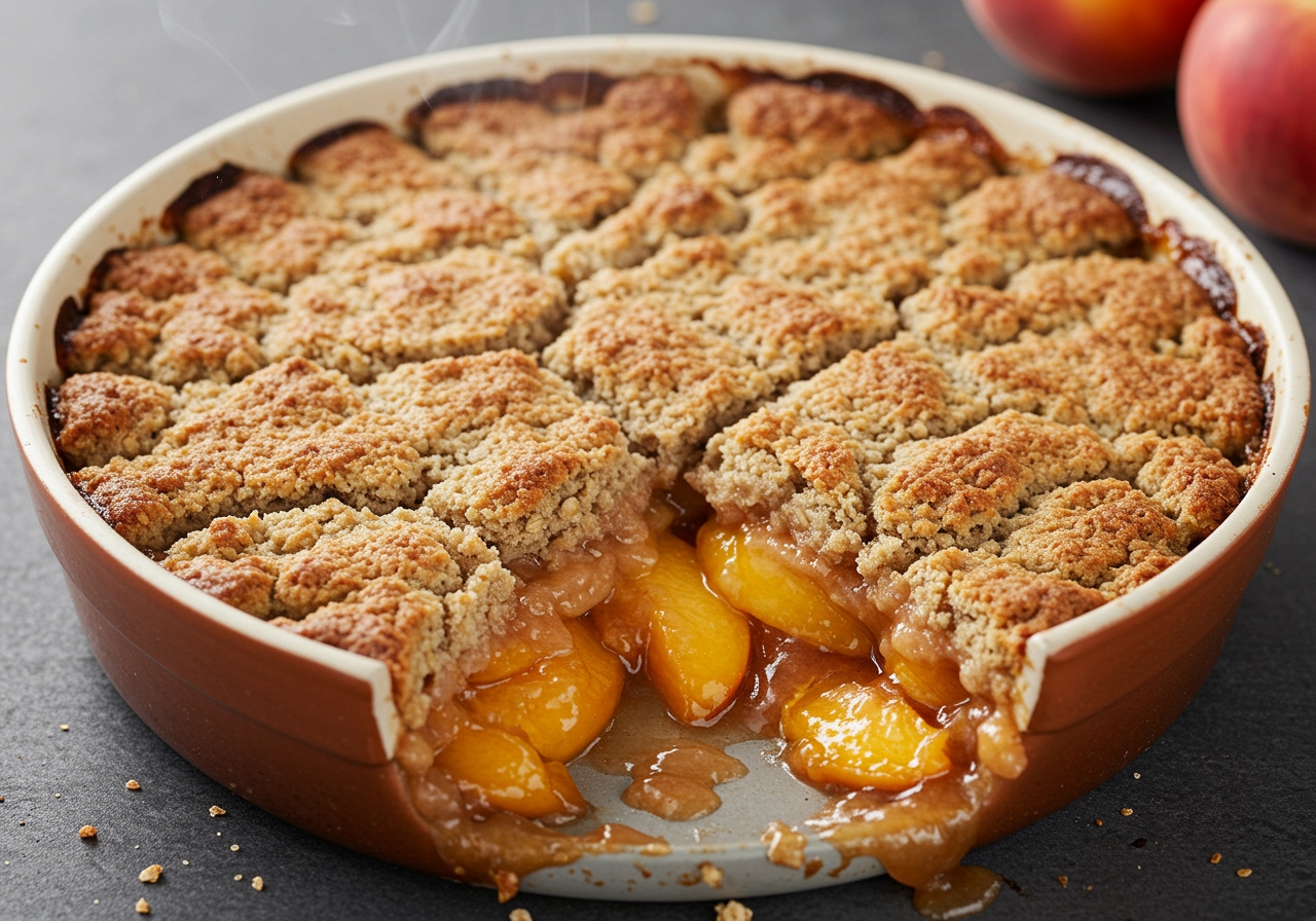 A steaming hot healthy Chenonceaux-style peach cobbler fresh out of the oven, with a bubbling peach filling and a golden, rustic whole grain topping. Shot from a slightly elevated angle, emphasizing the warmth and deliciousness.