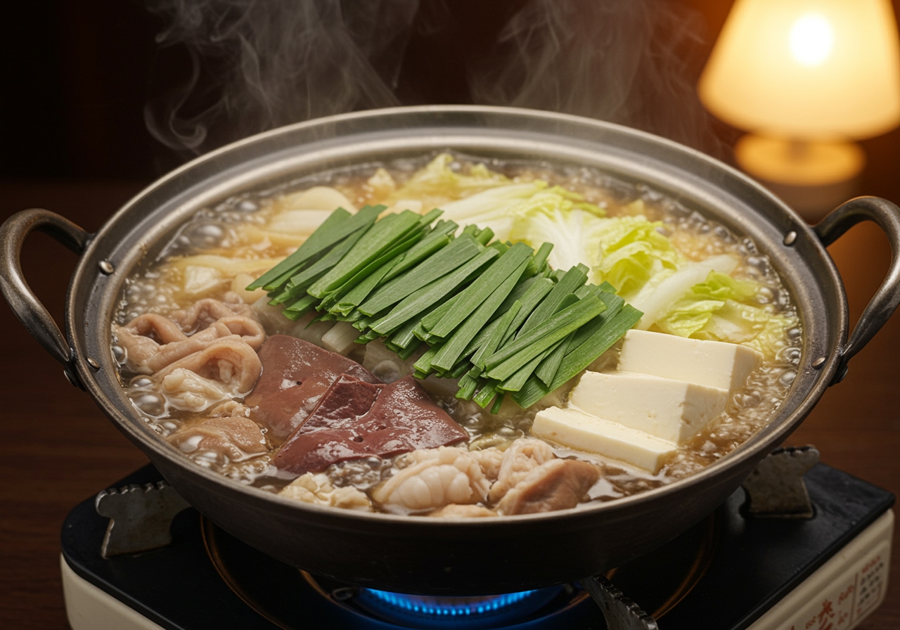 A steaming hot pot of Japanese Motsunabe with various offal, including tripe, vegetables, and tofu.