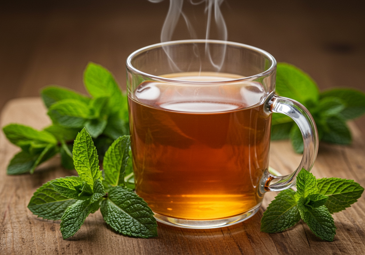 A steaming mug of peppermint tea with fresh mint sprigs on the side.