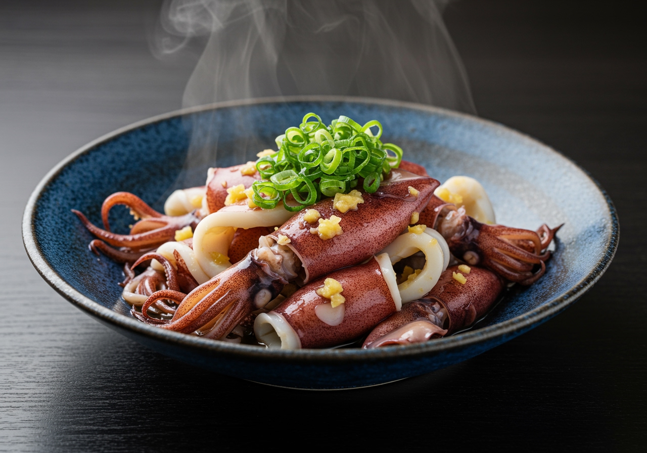 A steaming plate of ginger-steamed squid with green onions, served in a traditional Japanese style dish.