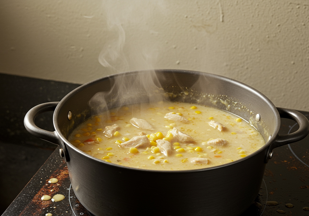 A steaming pot of chicken and corn chowder simmering on a stovetop, with steam rising.