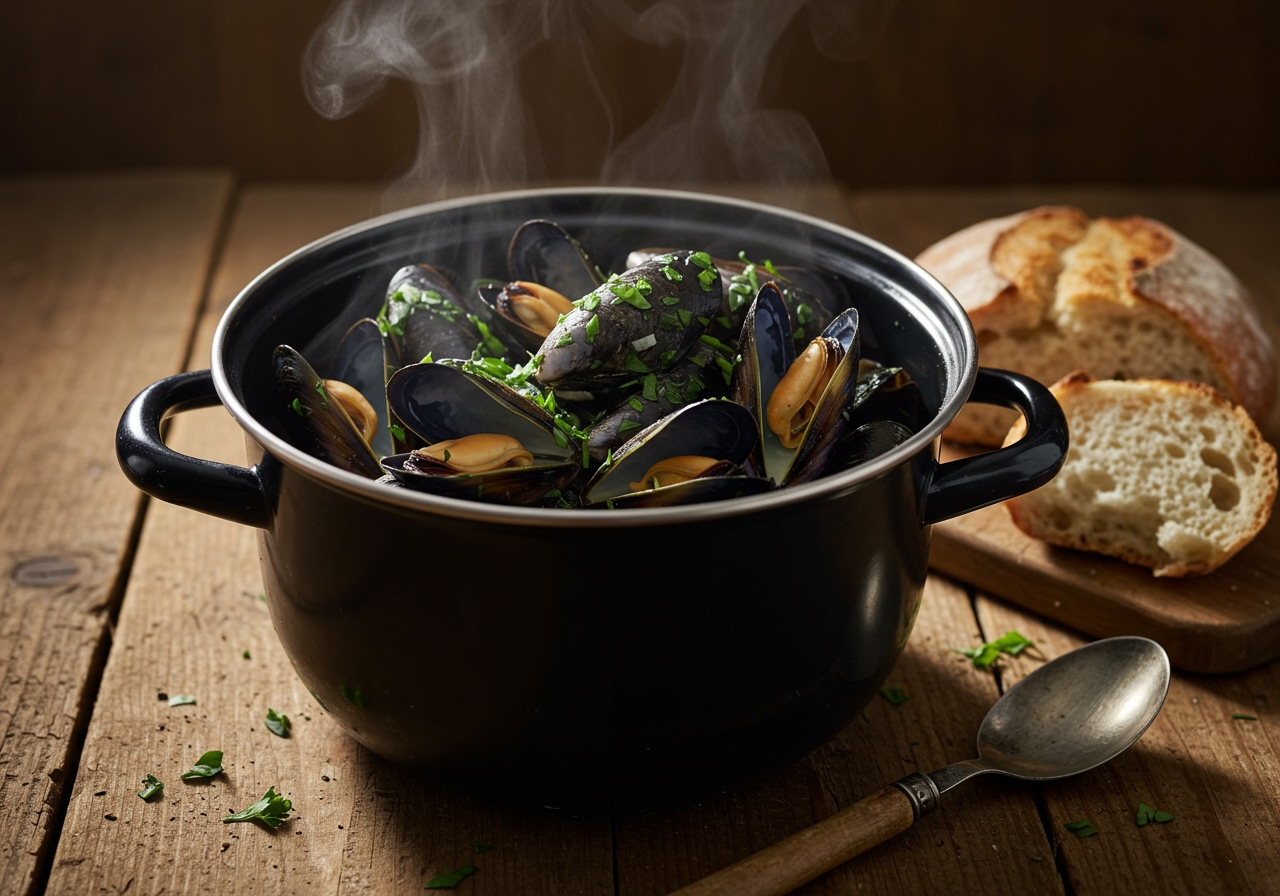 A steaming pot of mussels in white wine broth on a wooden table, with crusty bread nearby.