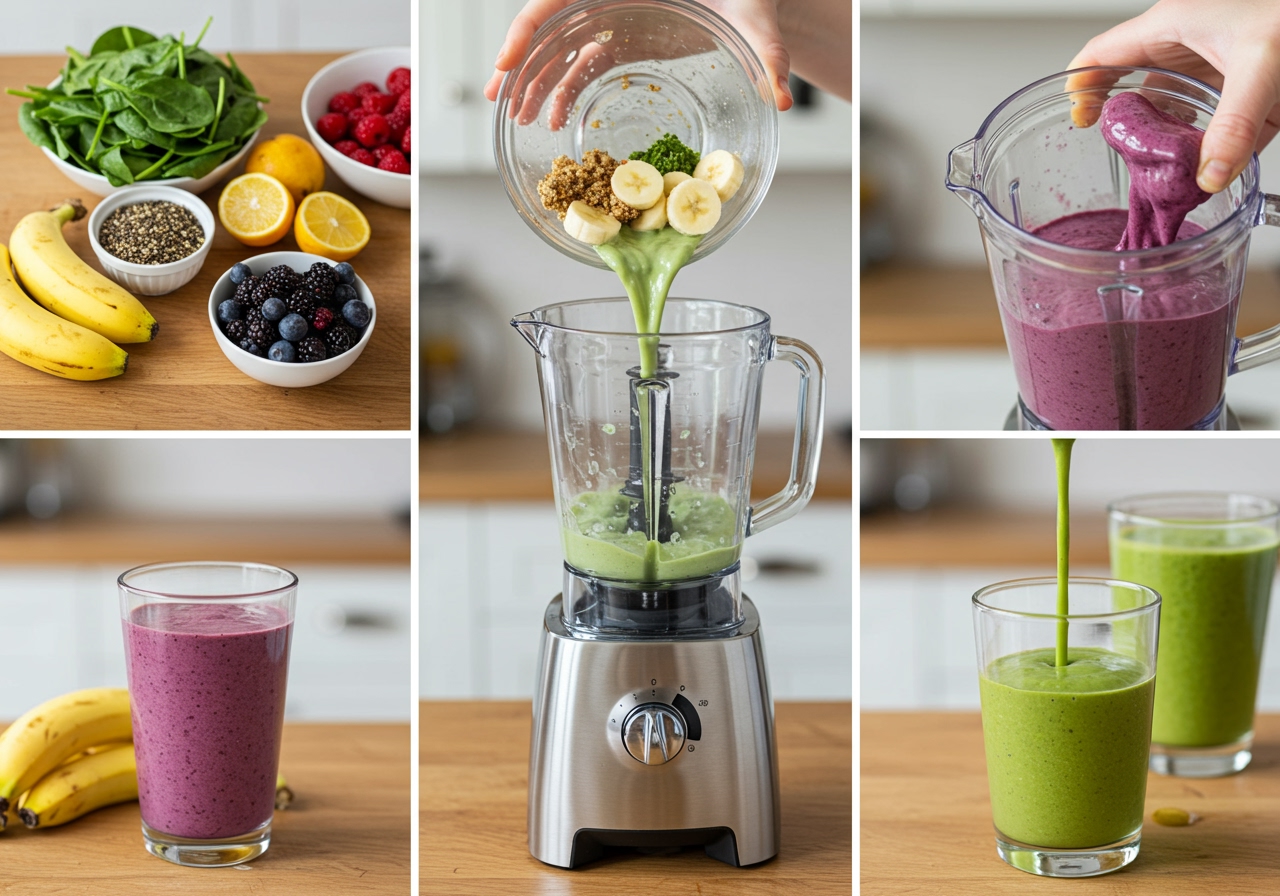 A step-by-step collage or image showing the ingredients being added to a blender, the blender in action, and the finished smoothie poured into a glass.