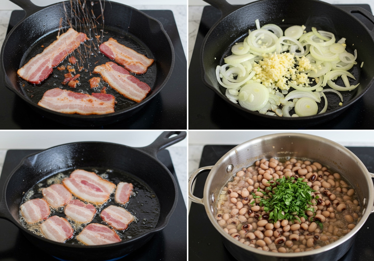 A step-by-step collage showing raw bacon being fried, then onions and garlic sautéing, then black-eyed peas simmering in a pot.