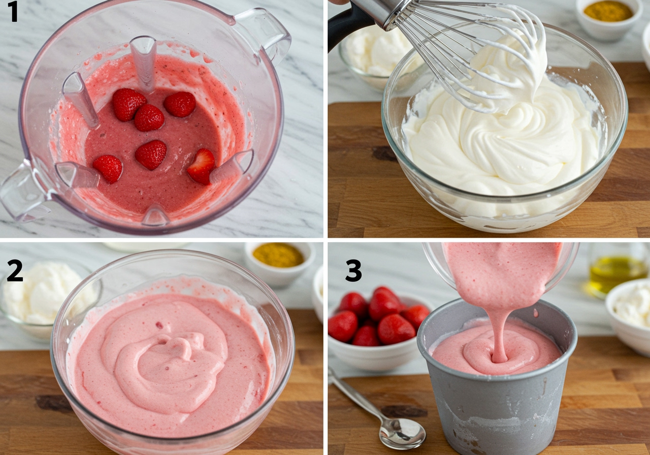 A step-by-step collage showing the process of making homemade strawberry ice cream: blending strawberries, whipping cream, mixing ingredients, and pouring into a container for freezing.