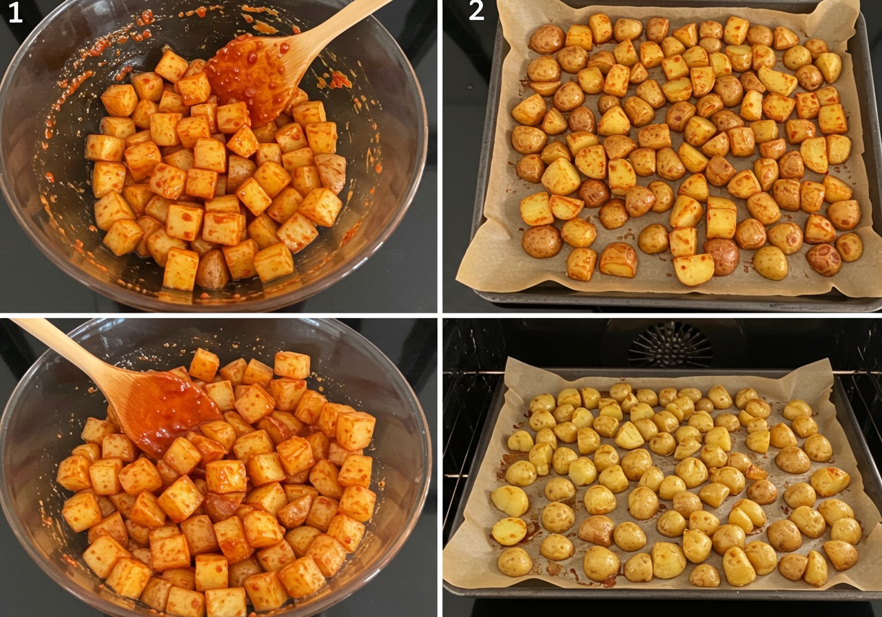 A step-by-step cooking collage showing: 1) Diced potatoes being tossed with gochujang sauce in a mixing bowl. 2) Potatoes spread evenly on a baking sheet lined with parchment paper. 3) The baking sheet being placed into a preheated oven.