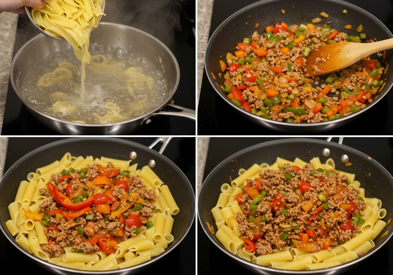 A step-by-step cooking collage showing: 1. Pasta being boiled, 2. Vegetables and ground meat being stir-fried in a pan, 3. Cooked pasta mixed with the taco-seasoned vegetable and meat filling.