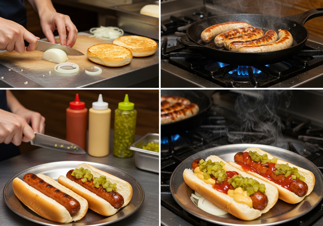 A step-by-step image collage showing the process: 1. Preparing ingredients, 2. Toasting buns, 3. Cooking sausages, 4. Assembling the hot dog with neat layers.