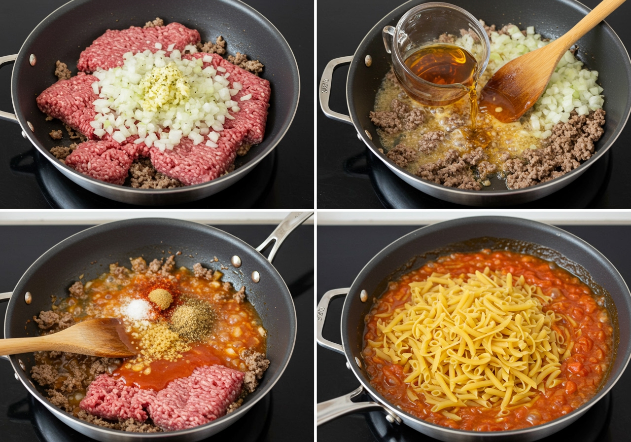 A step-by-step image progression starting with ground beef browning in a large, deep skillet, followed by adding finely chopped onions and garlic. The next frame shows all liquid ingredients, seasoning, and dry pasta added to the skillet, ready to simmer.
