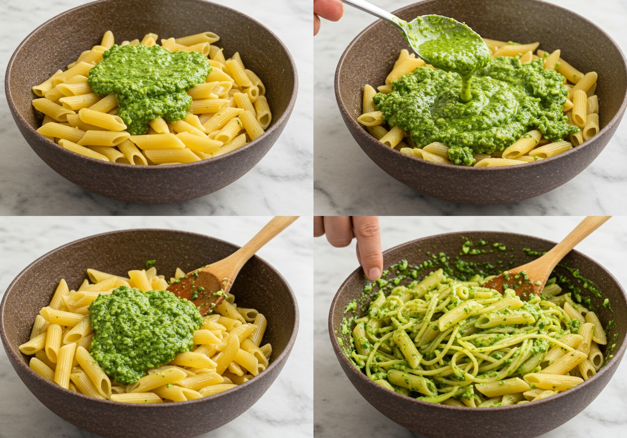 A step-by-step image showing cooked pasta being mixed with the green lemon pesto sauce in a large bowl.
