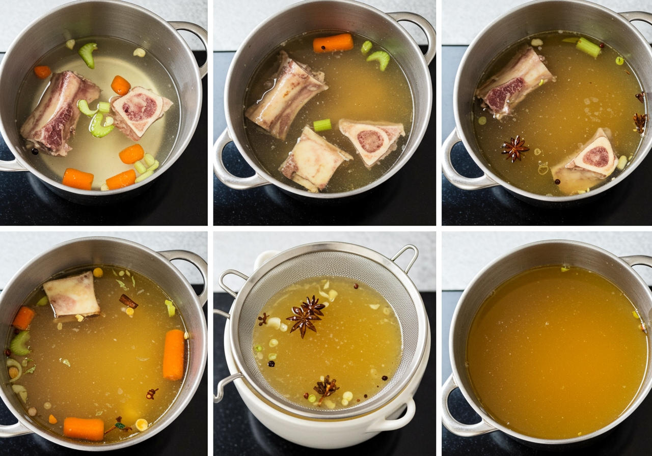 A step-by-step image showing the broth simmering in a pot with spices and bones, highlighting the clarity of the liquid.