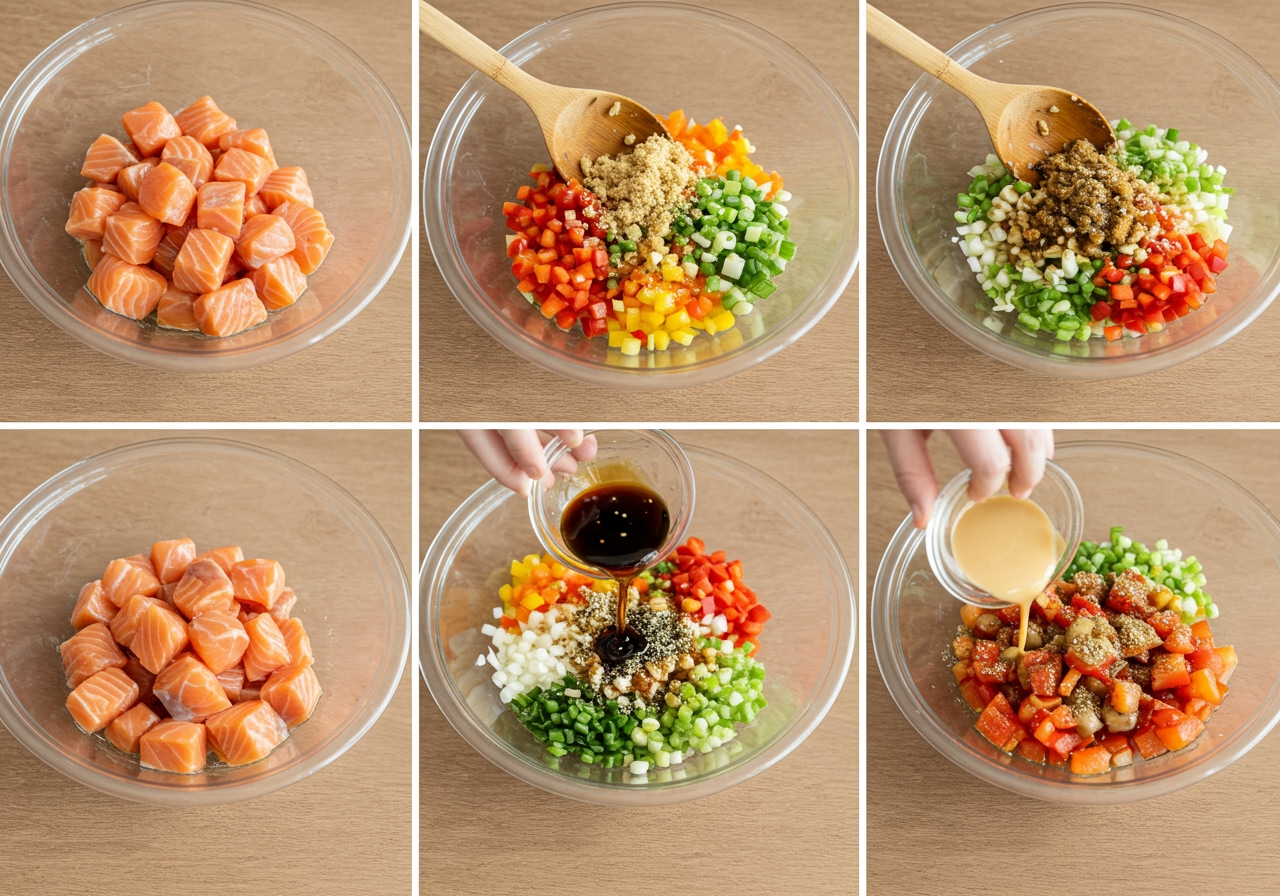 A step-by-step image showing the mixing of salmon cubes, chopped vegetables, and Japanese seasonings in a bowl.
