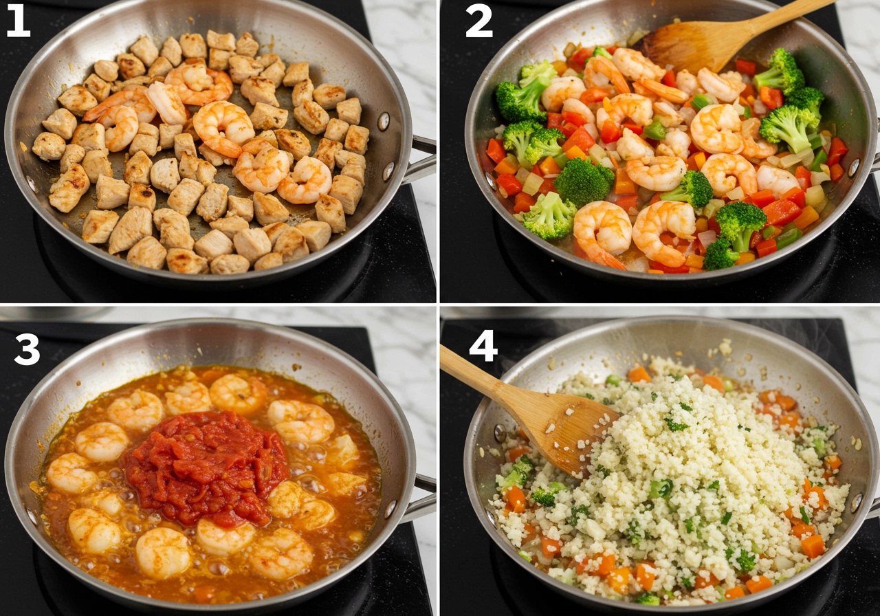 A step-by-step image showing the process: (1) Sautéing chicken and seafood in a pan, (2) Adding vegetables, (3) Adding tomato and broth, (4) Stirring in cauliflower rice.