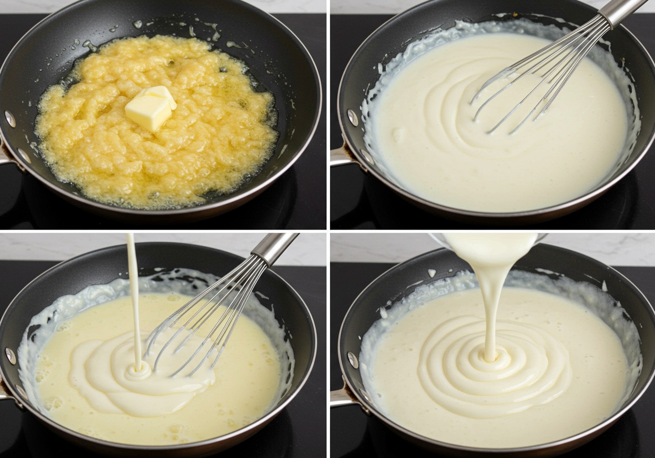 A step-by-step image showing white sauce being made in a pan, with milk being whisked into a butter-flour roux.