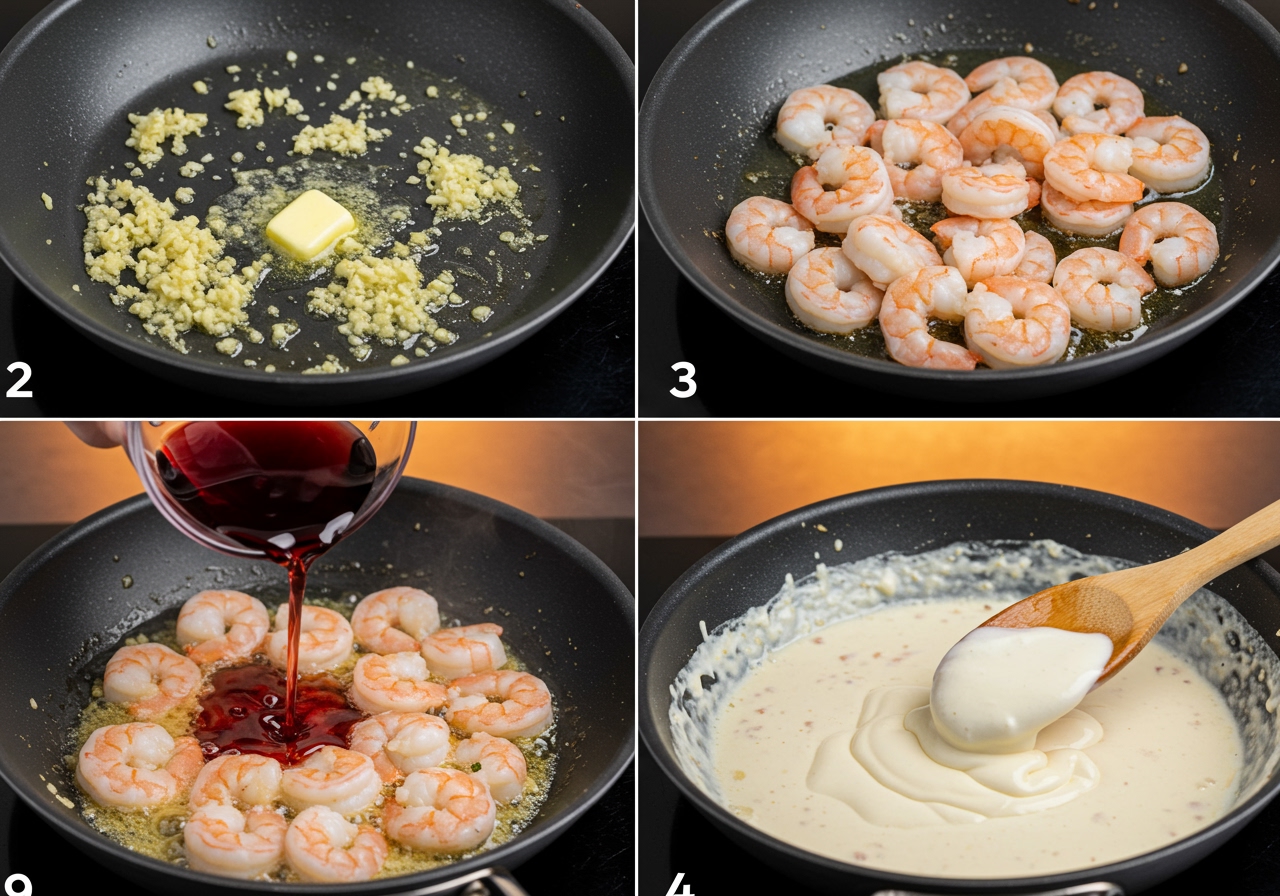 A step-by-step photo collage showing garlic and butter sizzling, shrimp being added, wine reducing, and cream being stirred in.