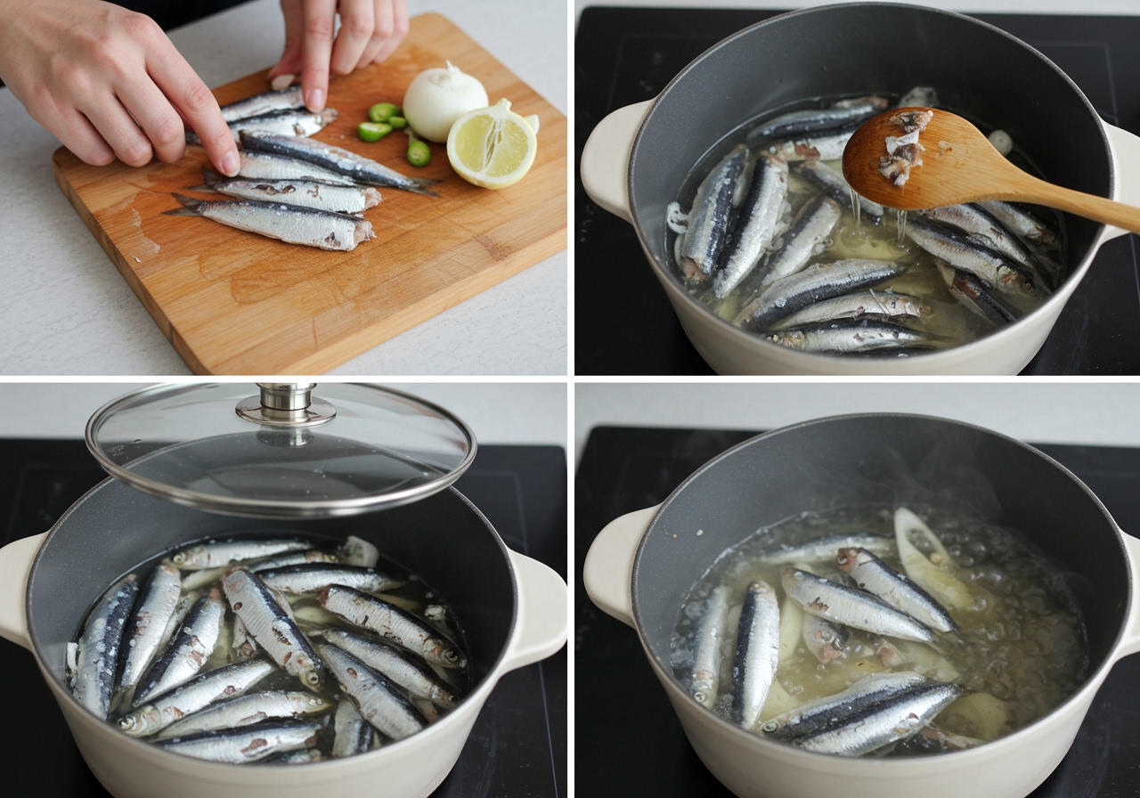A step-by-step photo collage showing the cooking process of イワシの梅煮: 1) preparing sardines, 2) adding ingredients to a pot, 3) simmering with a drop lid.