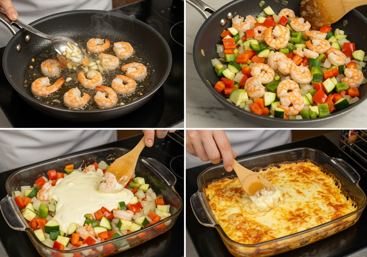 A step-by-step photo collage showing the preparation of the dish: cooking shrimp, sautéing vegetables, mixing ingredients in a baking dish, and finally, the baked dish before serving.