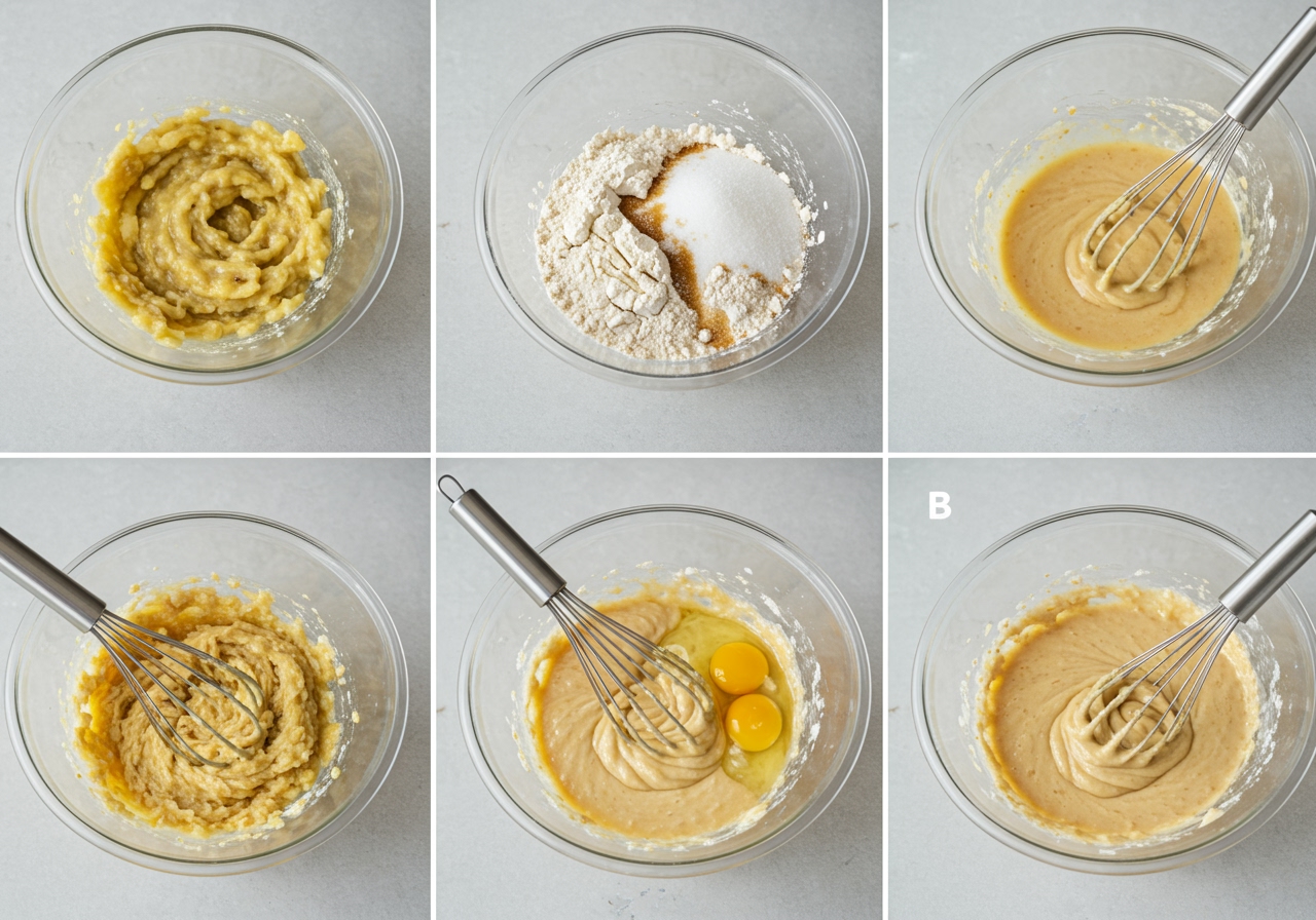 A step-by-step photo collage showing the process of mixing banana bread batter in a bowl.