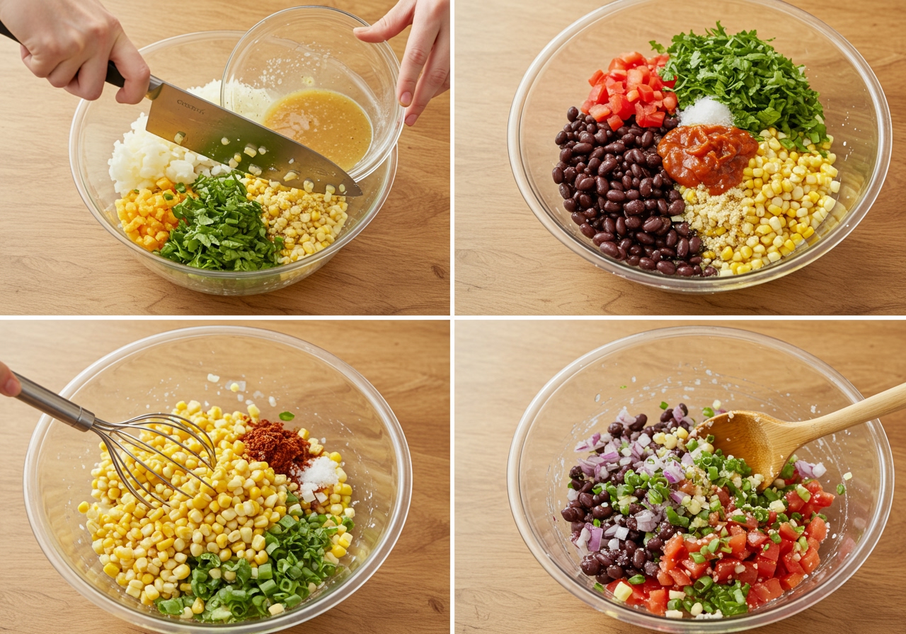 A step-by-step photographic collage showing ingredients being chopped, dressing being mixed, and all ingredients being combined in a large bowl, highlighting the ease of preparation for the corn and black bean salad.